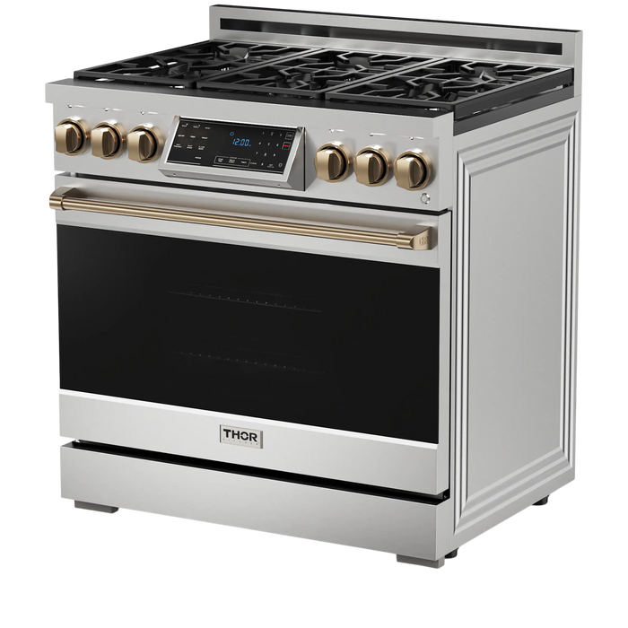 Thor Kitchen Gordon Ramsay Series 36-Inch Professional Gas Range with Tilt Panel Touch Control in Stainless Steel with Bronze Trim (RSG36-BRZ) Thor Kitchen