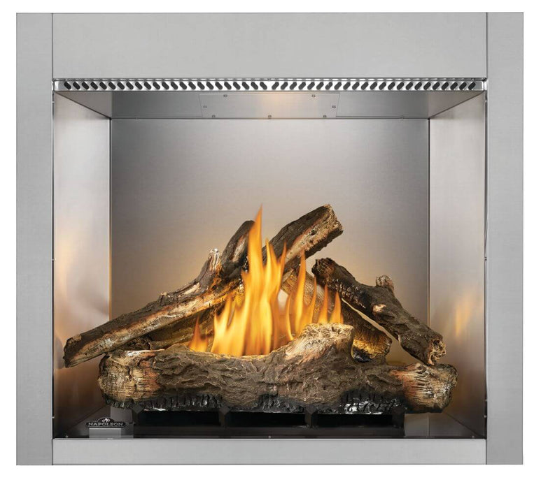 Napoleon Riverside 36 clean face outdoor natural gas fireplace front view with oak log set