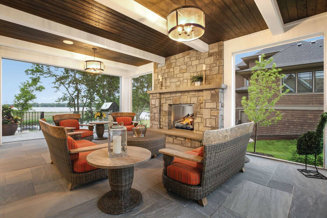 Napoleon Riverside 36 clean face outdoor natural gas fireplace in an outdoor living room
