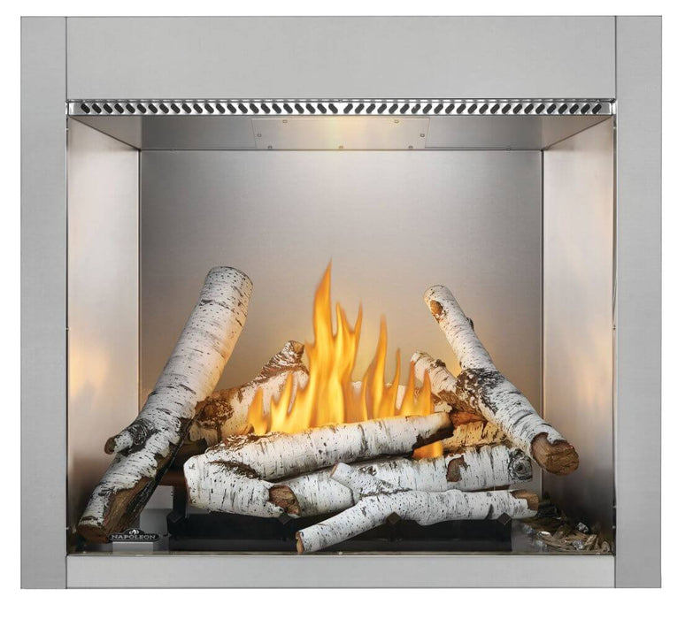 Napoleon Riverside 36 clean face outdoor natural gas fireplace with birch log set