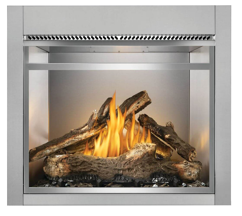 Napoleon Riverside 36 clean face outdoor natural gas fireplace with oak logs and woodland media