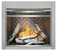 Napoleon Riverside 36 clean face outdoor natural gas fireplace with birch logs and herringbone panels
