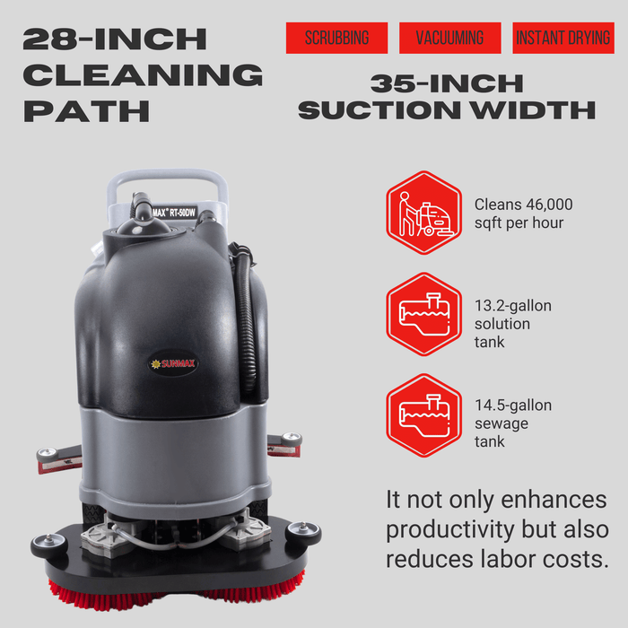 SANITMAX RT50DW 28" Dual Brushes Self-Propelled Floor Scrubber Dryer Machine - Detail View