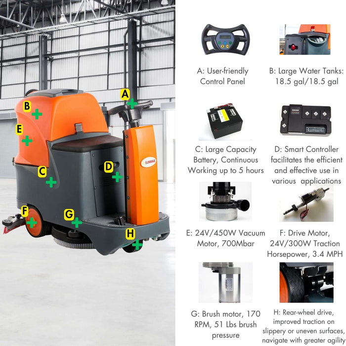 RT70+ Industrial Ride-On Floor Scrubber, 22" Brush Cleaning Path, Lithium Battery