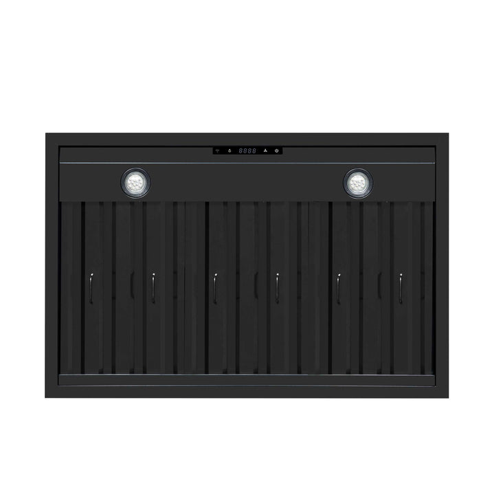 Forno Ambassador 36-inch range hood in black underside showing the baffle filters