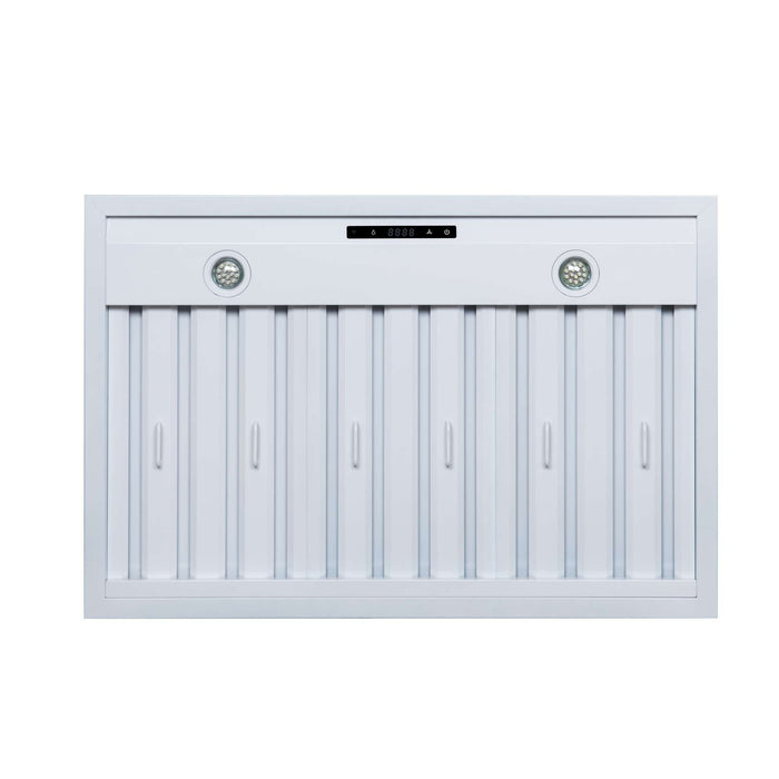 Forno Ambassador 36-inch range hood in white underside showing the baffle filters