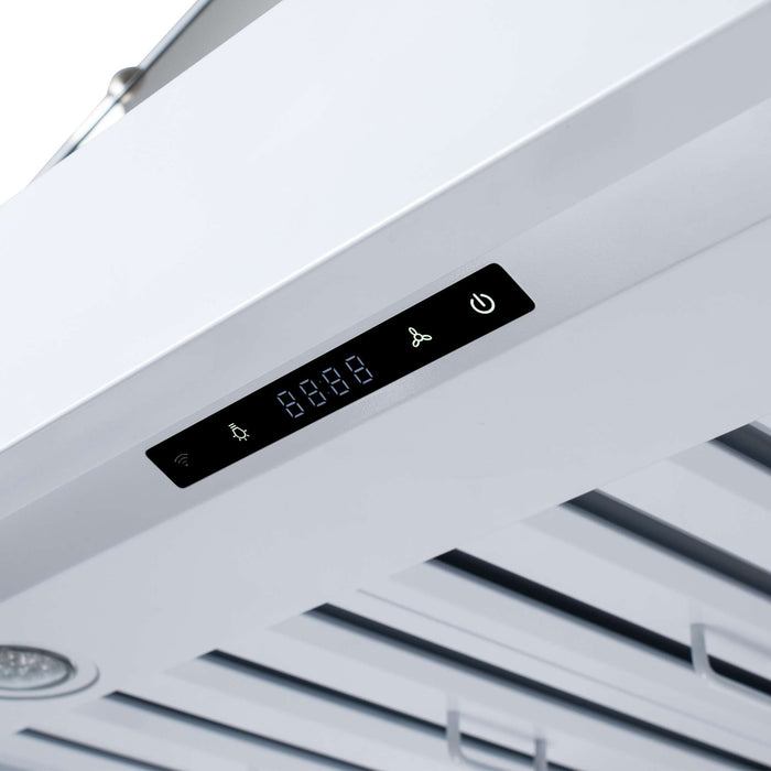 Forno Ambassador 36-inch range hood in white touch control panel detail