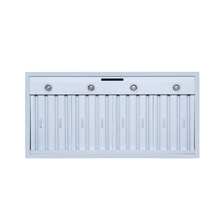 Forno Ambassador 48-inch range hood in white underside showing the baffle filters