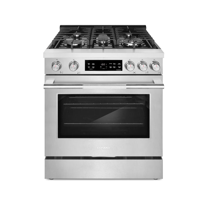 Cosmo 30 in. Stellar Collection 4.6 cu. ft. Gas Range, 5 Burners, Convection Oven, Cast Iron Grates, Stainless Steel front view