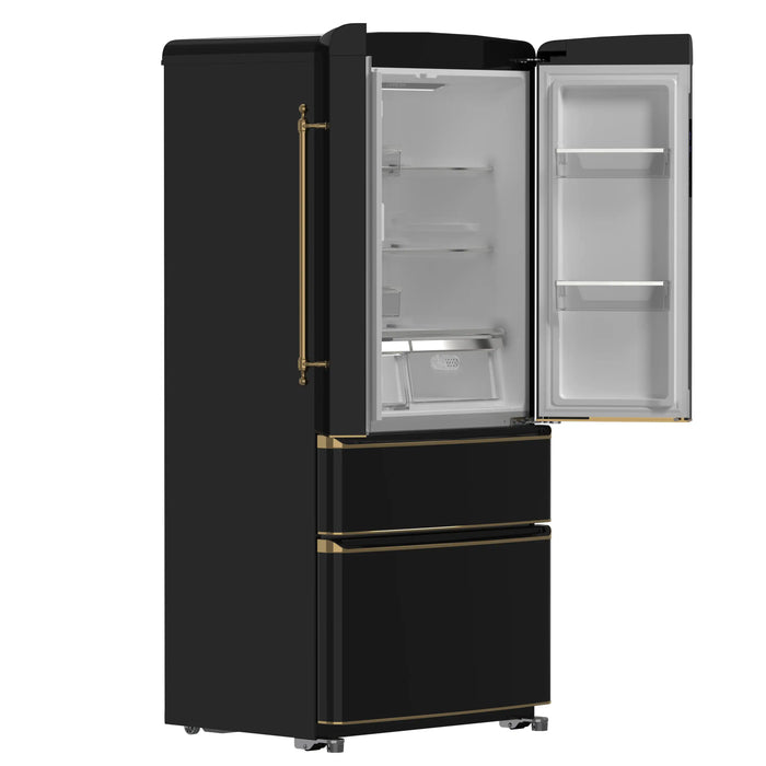 Forno Luigi 33-Inch 18 cu.ft. French Door Refrigerator in Black with Antique Brass Handles (FFFFD1791-33BLK)