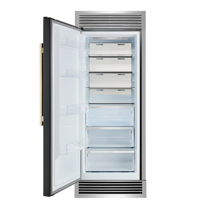 Forno Maderno 28-Inch Built-In Convertible Refrigerator in Black with Decorative Trim Grille, Antique Brass Handles, 13.6 cu.ft., Left Swing (FFFFD1722-32LSG-BLK)