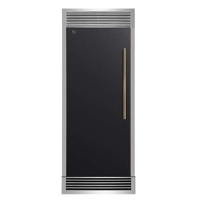 Forno Maderno 28-Inch Built-In Convertible Refrigerator in Black with Decorative Trim Grille, Antique Brass Handles, 13.6 cu.ft., Left Swing (FFFFD1722-32LSG-BLK)