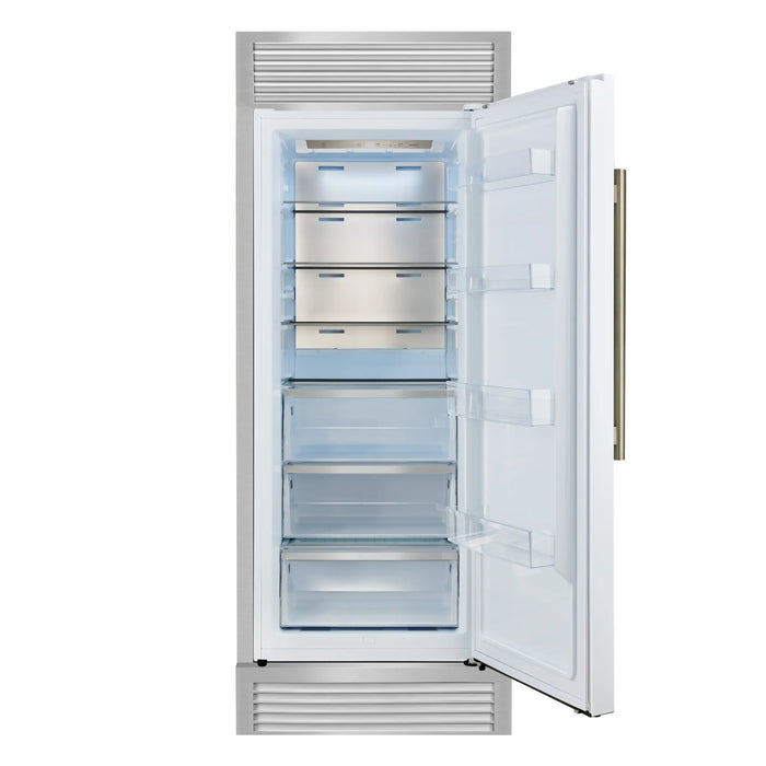 Forno Maderno 28-Inch Built-In 13.6 Cu.Ft. Convertible Refrigerator in White with Antique Brass Handle, Right Swing with Decorative Grille (FFFFD1722-32RSG-WHT)