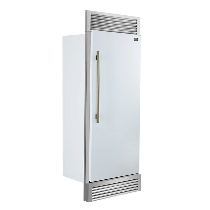 Forno Maderno 28-Inch Built-In 13.6 Cu.Ft. Convertible Refrigerator in White with Antique Brass Handle, Right Swing with Decorative Grille (FFFFD1722-32RSG-WHT)