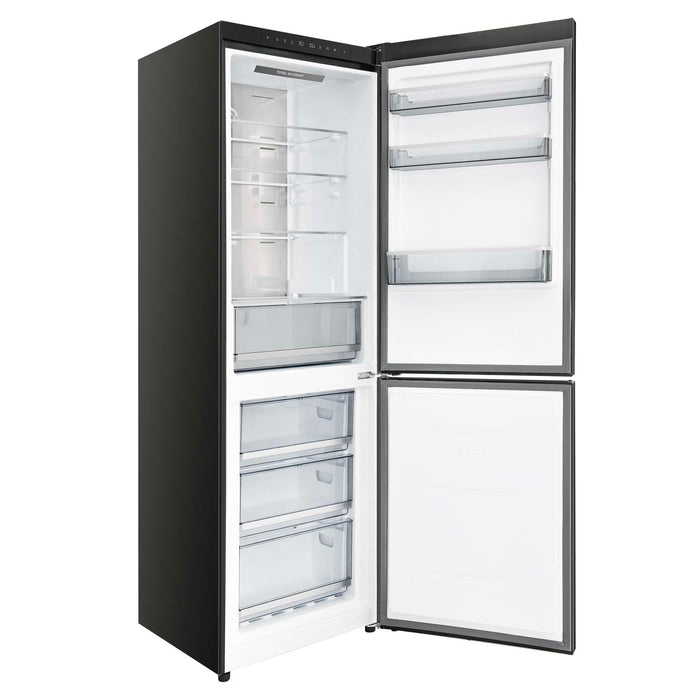 Forno Custodia 24-inch refrigerator in black left angled view with the door open