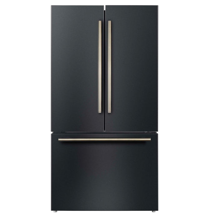 Forno Rivello 36-Inch French Door 27.4 Cu. Ft. Refrigerator with Internal Water Dispenser in Black with Antique Brass Handles (FFFFD1783-36BLK)