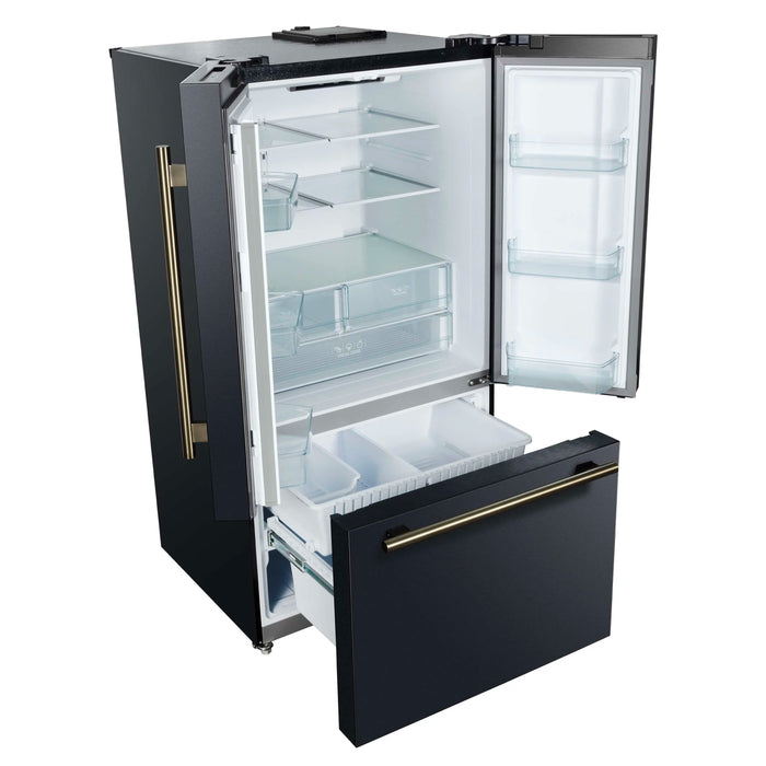 Forno Rivello 36-Inch French Door 27.4 Cu. Ft. Refrigerator with Internal Water Dispenser in Black with Antique Brass Handles (FFFFD1783-36BLK)