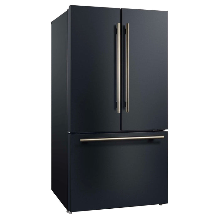 Forno Rivello 36-Inch French Door 27.4 Cu. Ft. Refrigerator with Internal Water Dispenser in Black with Antique Brass Handles (FFFFD1783-36BLK)