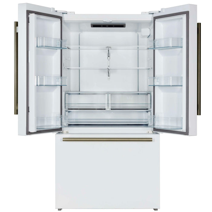 Forno Rivello 36-Inch French Door 27.4 Cu. Ft. Refrigerator with Internal Water Dispenser in White with Antique Brass Handles (FFFFD1783-36WHT)