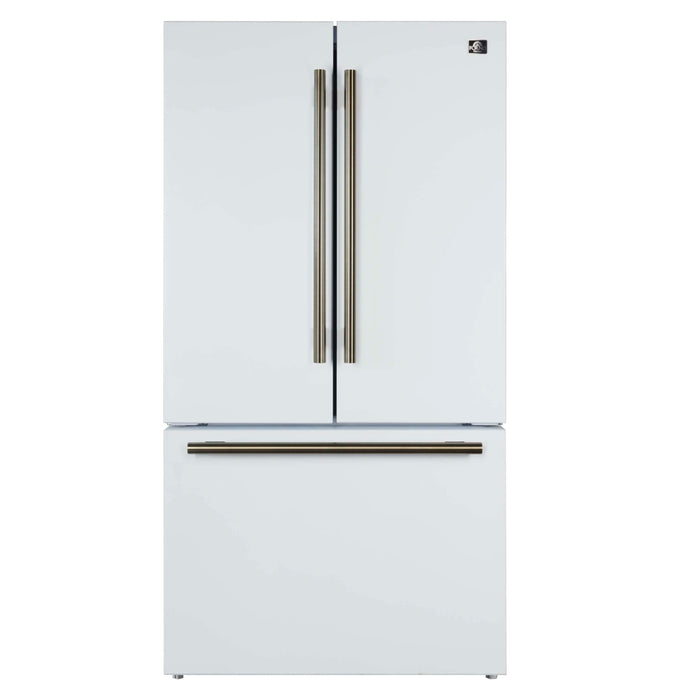 Forno Rivello 36-Inch French Door 27.4 Cu. Ft. Refrigerator with Internal Water Dispenser in White with Antique Brass Handles (FFFFD1783-36WHT)