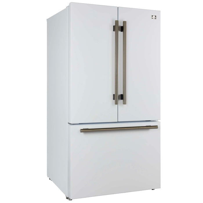 Forno Rivello 36-Inch French Door 27.4 Cu. Ft. Refrigerator with Internal Water Dispenser in White with Antique Brass Handles (FFFFD1783-36WHT)