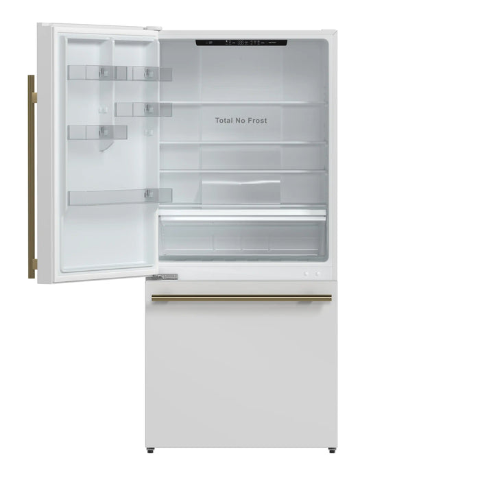 Forno Milano Espresso Package - 62-Inch, 34.4 cu. ft. Refrigerators with Bottom Freezers in White with Antique Brass Handle (FFFFD1787-60WHT)