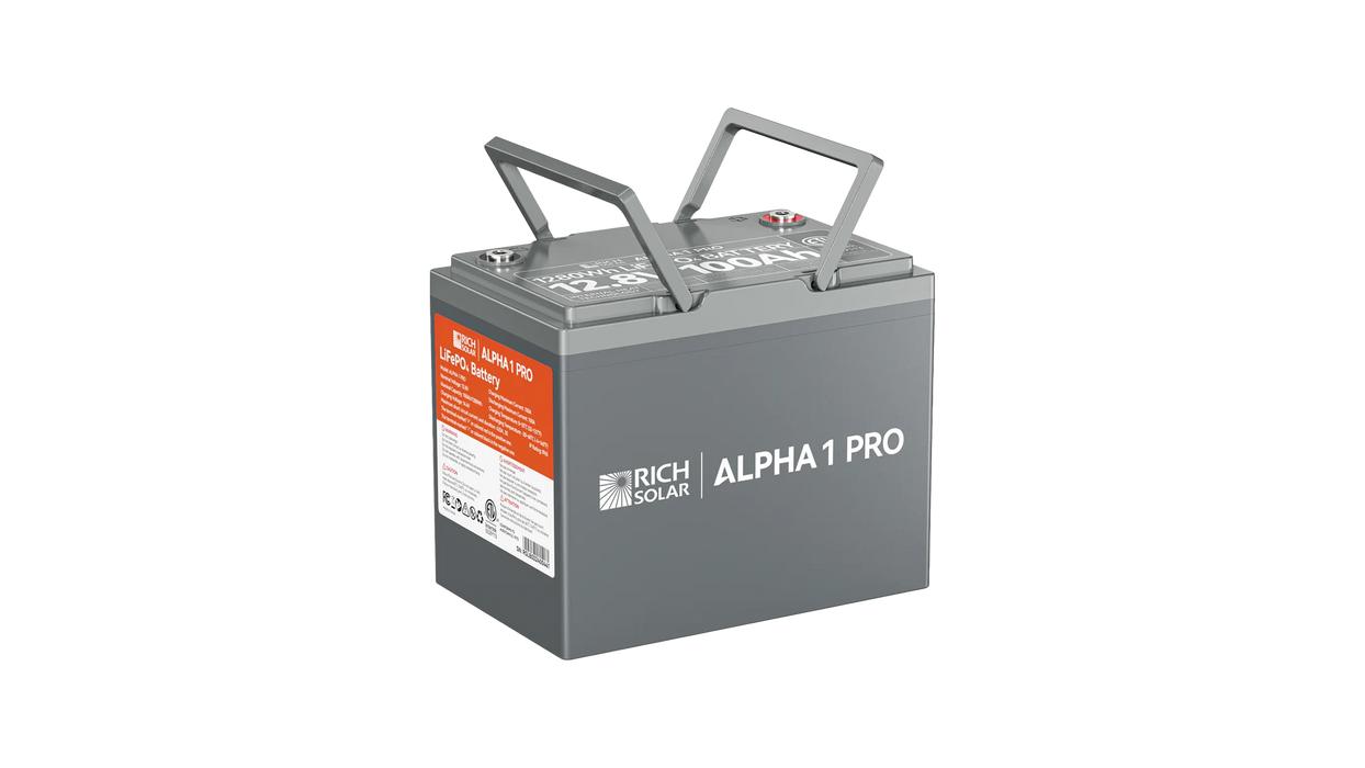 High quality photo of the Rich Solar - RS-B121SP - Rich Solar Alpha 1 Pro 12V 100Ah LiFePO4 Battery with the handles lifted. Photographed by Current Connected.