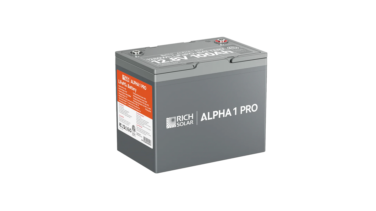 High quality photo of the Rich Solar - RS-B121SP - Rich Solar Alpha 1 Pro 12V 100Ah LiFePO4 Battery isolated left view. Photographed by Current Connected.