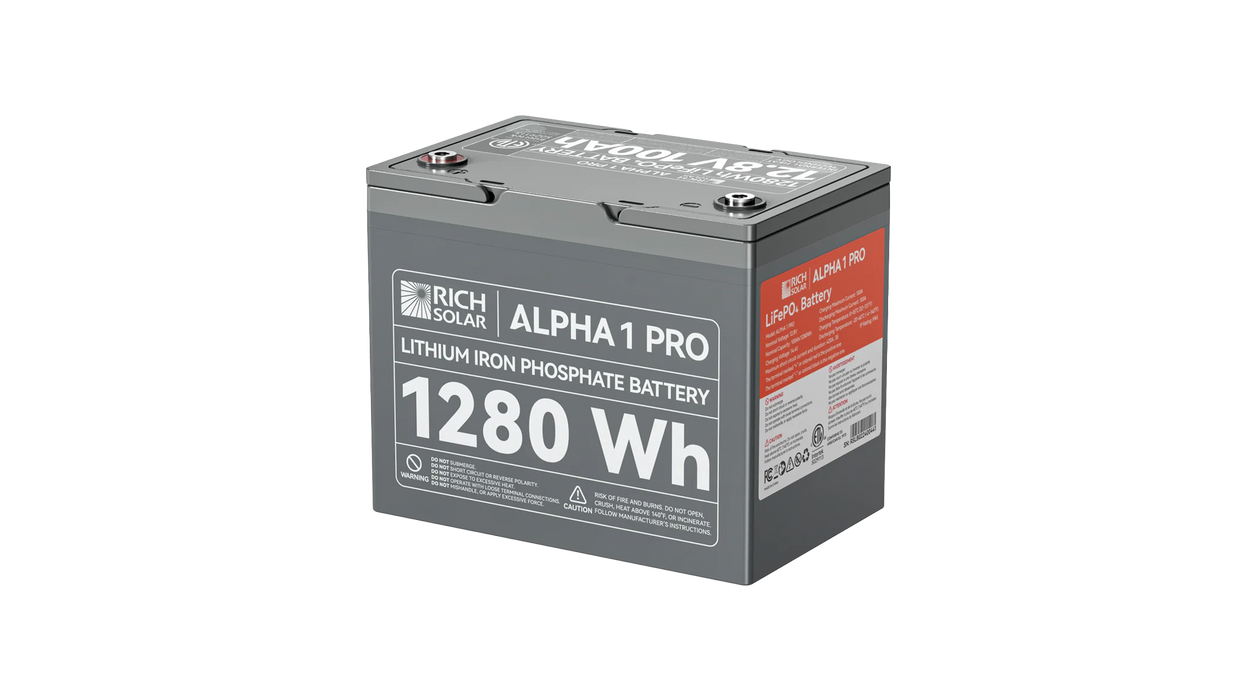 High quality photo of the Rich Solar - RS-B121SP - Rich Solar Alpha 1 Pro 12V 100Ah LiFePO4 Battery isolated right view. Photographed by Current Connected.