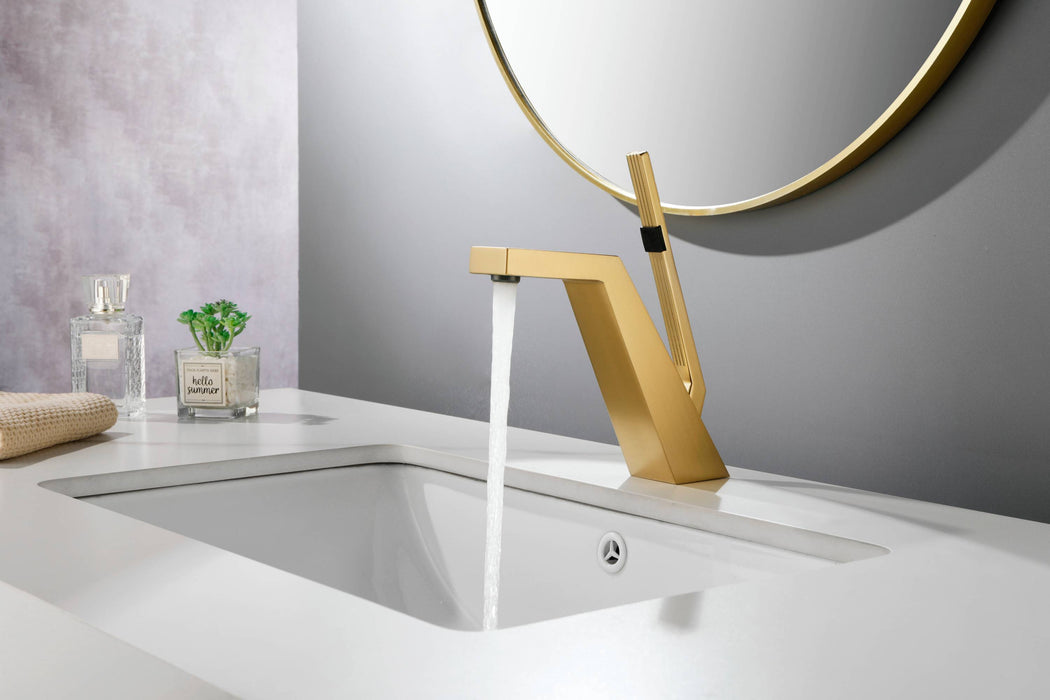Brushed Gold or matte black or brushed nickel Bathroom Sink Faucet single handle with pop up overflow brass drain - detail close-up