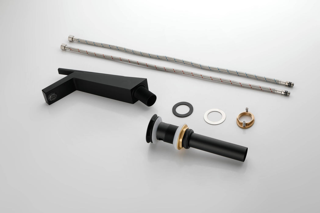 Brushed Gold or matte black or brushed nickel Bathroom Sink Faucet single handle with pop up overflow brass drain - product label