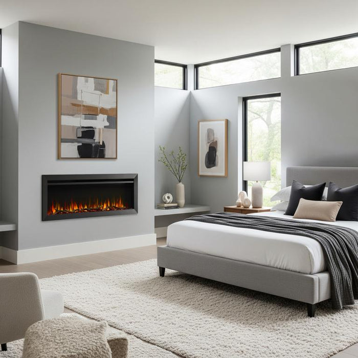 SimpliFire Allusion Slim electric fireplace in a bedroom (50" shown)