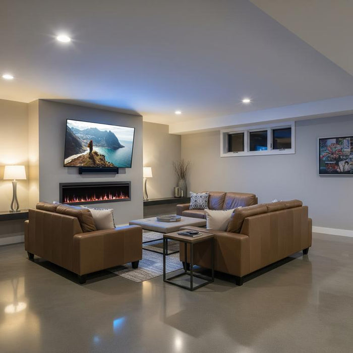 SimpliFire Allusion Slim electric fireplace in a finished basement (72" shown)