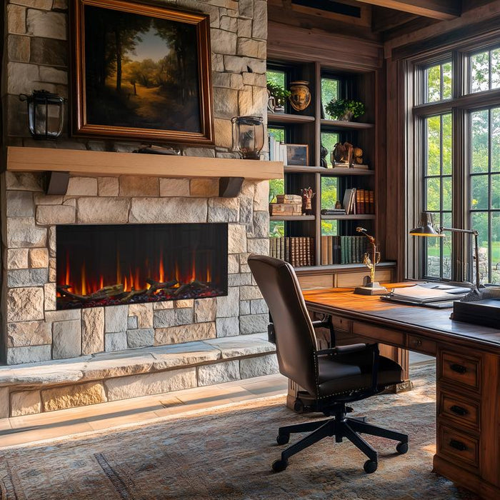 SimpliFire Scion 43 linear electric fireplace with logs in a living room