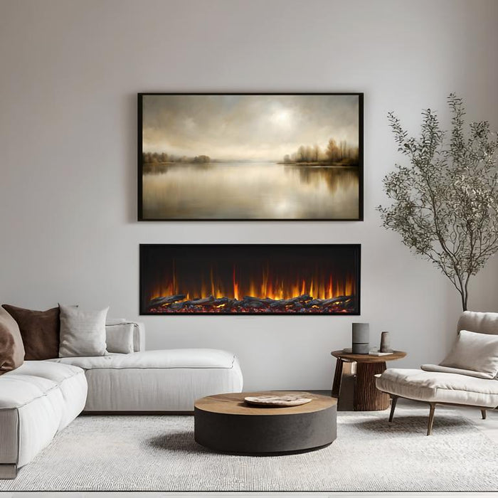 SimpliFire Scion 55 linear electric fireplace with driftwood logs in a living room