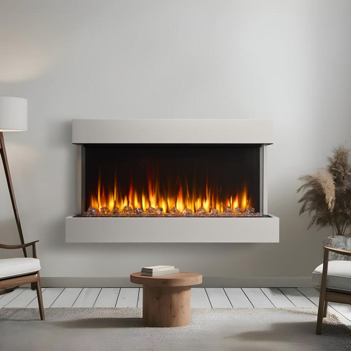 SimpliFire Triton 50 with the white floating mantel kit installed in a room
