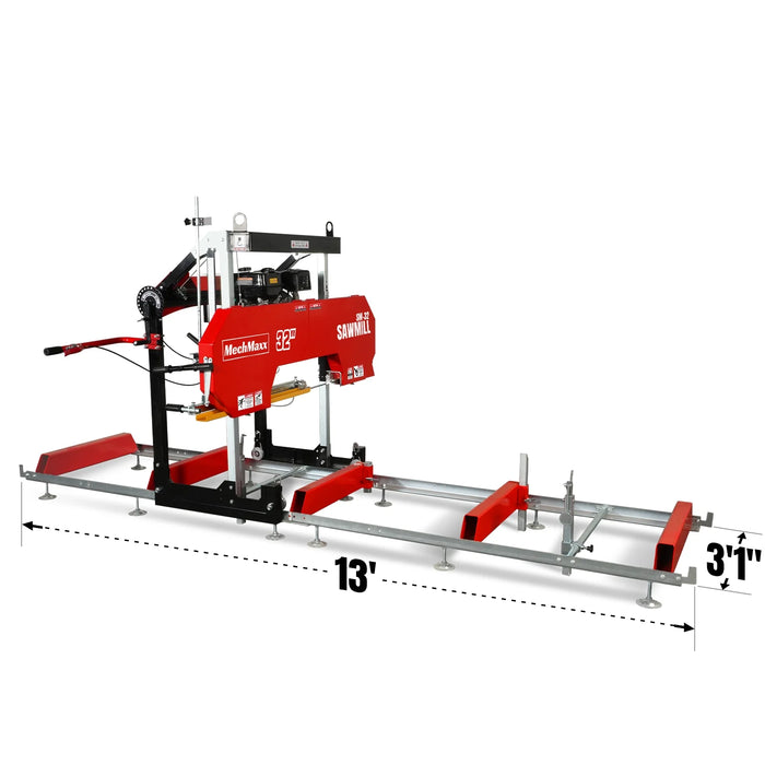 32" Portable Sawmill,  459cc 15HP E-Start Gasoline Engine,  26.5" Board Width,  13' Track Length ,  SM-32