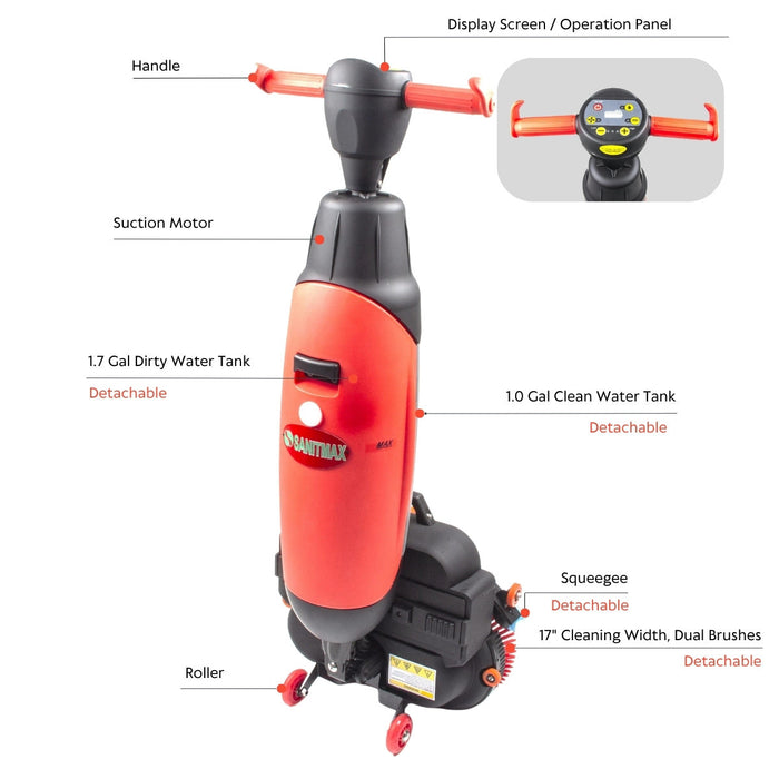 SANITMAX SM430 17" Walk-behind Floor Scrubber Machine, 360 Degree Rotating Head, 10000 sqft/h, Cordless... - Dimensions