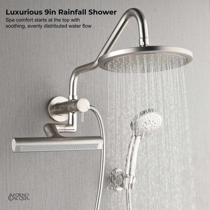 Forno Acqua Fall Mini 9-Inch Overhead Rainfall Shower with 2.5 GPM Flow Rate, Handheld, 7 Way Diverter, Body Jets in Brushed Nickel (SMW1BN-C2)