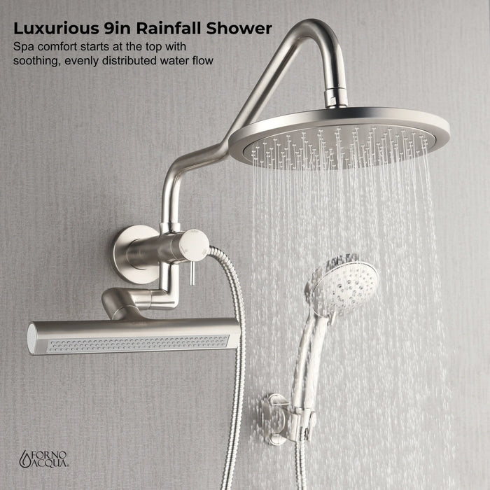 Forno Acqua Fall Mini 8-Inch Overhead Rainfall Shower with 1.8 GPM Flow Rate, Handheld, 7 Way Diverter, Body Jets in Brushed Nickel (SMW1BN-C8)
