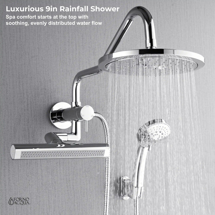 Forno Acqua Fall Mini 9-Inch Overhead Rainfall Shower with 1.8 GPM Flow Rate, Handheld, 7 Way Diverter, Body Jets in Polished Stainless Steel (SMW1CP-C8)