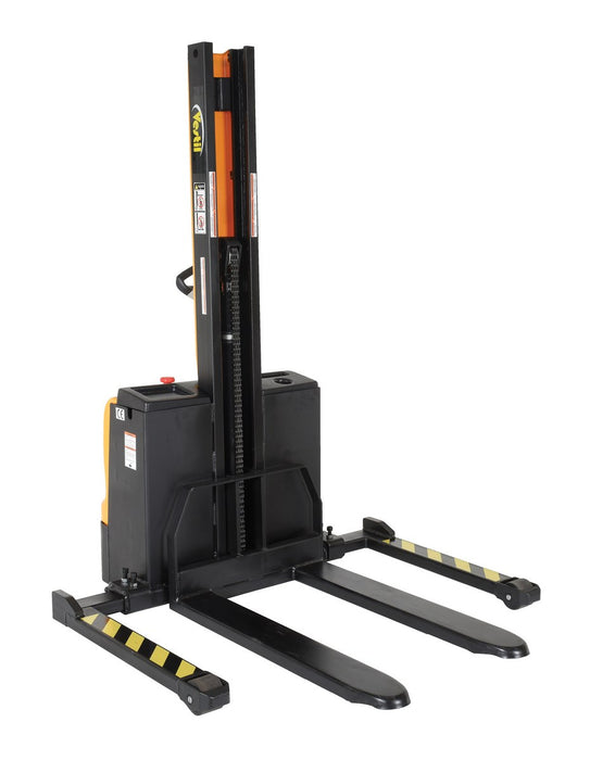 Vestil SNM-62-FA Steel Narrow Mast Stacker DC Powered 62 in. Raised Height Fixed Fork Adjustable Support Legs 2,200 lb. Capac