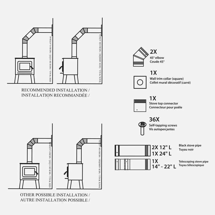 Drolet 6" Black Single Wall Stove Pipe Kit - To the Wall SP00360 – kit contents