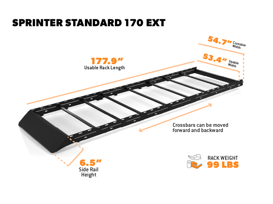 Flatline Van Co. 2007-2026 Mercedes-Benz Sprinter Van Standard Roof Rack 170" EXT – dimensions diagram, image 12 of 12
