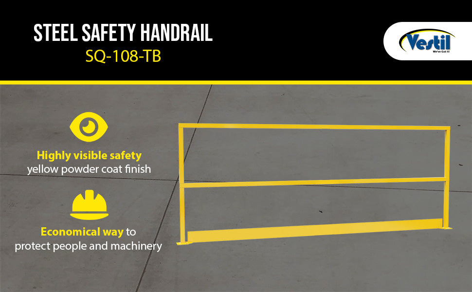 Vestil SQ-108-TB steel safety handrail with toe board feature overview 1