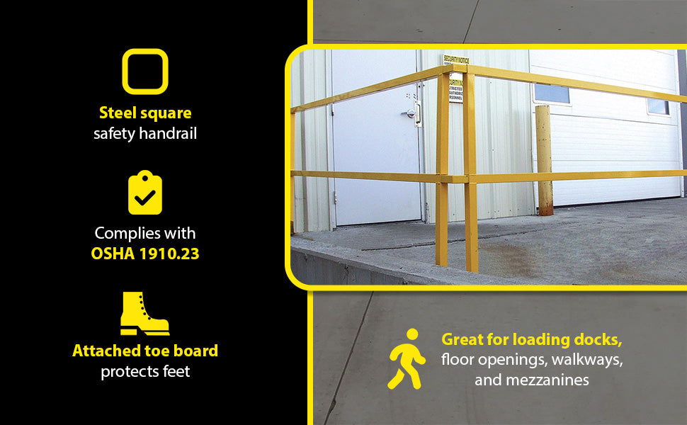 Vestil SQ-108-TB steel safety handrail with toe board feature overview 2