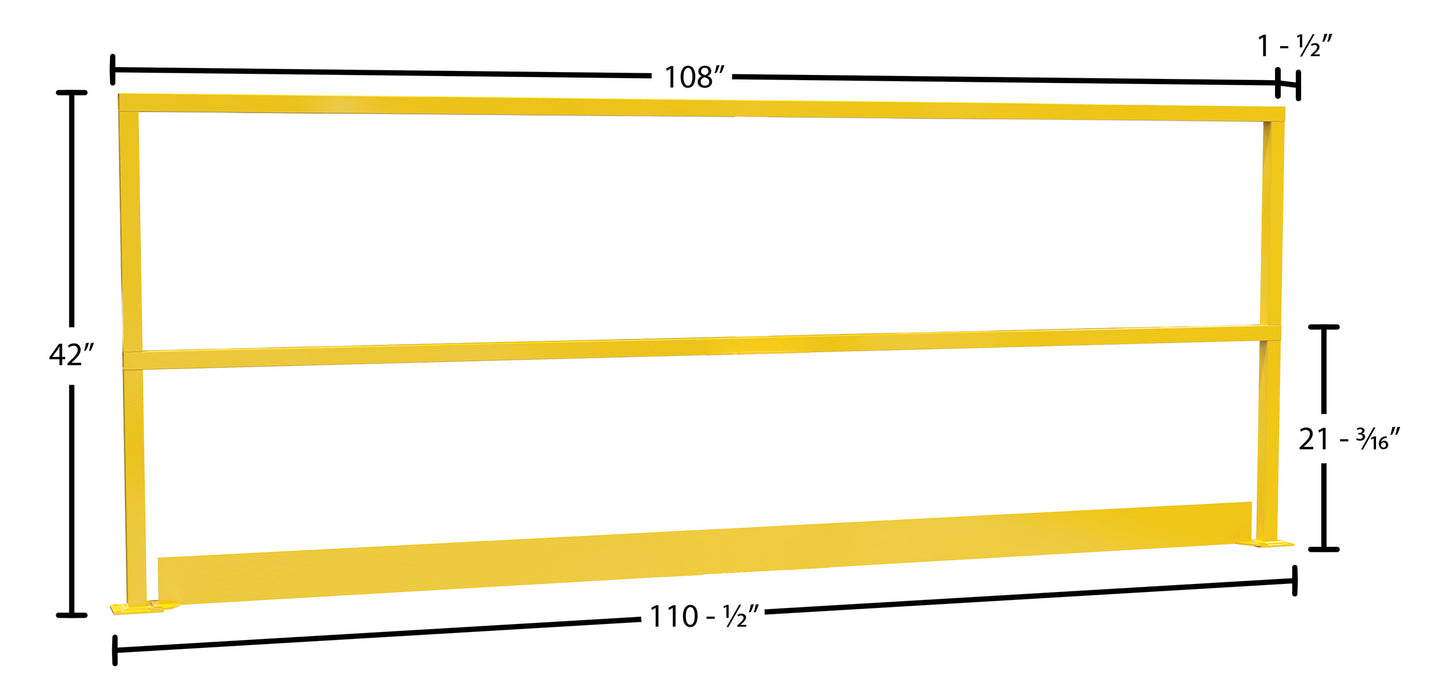 Vestil SQ-108-TB steel safety handrail with toe board dimensions diagram