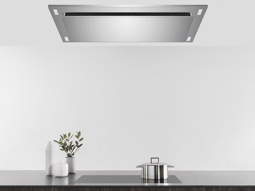 Stainless steel Victory Sunset ceiling mount range hood installed in kitchen
