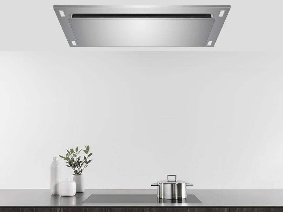 Stainless steel Victory Sunset ceiling mount range hood installed in kitchen