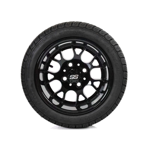 SS Wheels Alpha 12x7 Gloss Black & Gladiator Golf A/P Tire Combo golf cart wheel and tire